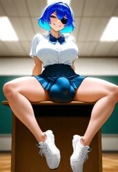 1futa 1futanari ai_generated big_bulge blue_hair bulge eyepatch futanari futanari kingviking2236 looking_at_viewer pleated_skirt school shoes tagme