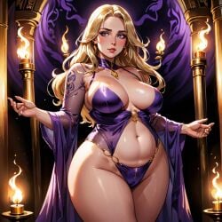 ai_generated blonde_hair candle revealing_clothes translucent_clothing violet_clothing voluptuous_female wide_hips