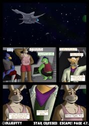 absurd_res anthro armpit_hair ass ass_cleavage avian bird body_hair bottomwear butt_crack canid canine clothing comic dialogue english_text falco_lombardi feathers fox_mccloud fur hi_res male mammal muscular nintendo ollieotty peppy_hare planet raised_arm shirt shorts slippy_toad space speech_bubble star star_fox tail tank_top text topwear