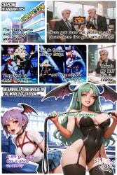 ai_generated bdsm_harness bondage capcom capcom_fighting_evolution darkstalkers domination green_eyes green_hair latex_suit lilith lilith_aensland machine marvel_vs._capcom miaulust morrigan_aensland purple_hair red_hair rope_bondage school_uniform schoolgirl succubus succubus_wings sucubo tied_up wings