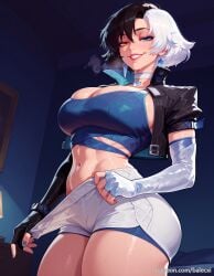 ai_generated balecxi black_gloves black_hair black_jacket blue_eyes cleavage clothes_pull cropped_jacket earrings elbow_gloves female fingerless_gloves heterochromia jewelry large_breasts looking_at_viewer luna_snow luna_snow_(marvel_rivals) marvel marvel_rivals navel open_jacket patreon_username short_hair shorts smile solo split-color_hair sweat thick_thighs two-tone_hair white_choker white_hair