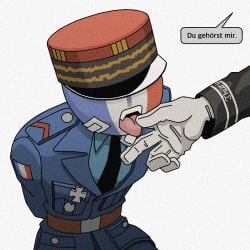 arms_tied countryhumans france_(countryhumans) german_text military_uniform nazi_germany_(countryhumans) octodyer tongue vichy_france_(countryhumans)