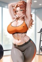 ai_generated armpits artist_name artist_request fit_female gym gym_uniform leggings oc original original_character red_hair seaart.ai six_pack smile stable_diffusion sweat sweaty_armpits thick_thighs