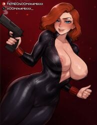 1girls ai_generated big_breasts black_widow_(marvel) blue_eyes blush clothed clothing color female female_focus female_only hi_res kamixxx large_breasts light-skinned_female light_skin marvel marvel_comics nipples pistol red_hair short_hair solo solo_female tagme thick_thighs