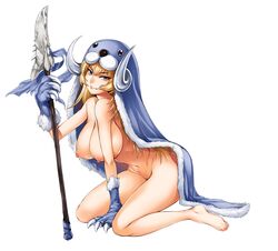 blonde_hair blue_eyes breasts cape claws female long_hair monster_girl monster_girl_encyclopedia navel nipples nude selkie_(monster_girl_encyclopedia) smile spear tusks weapon