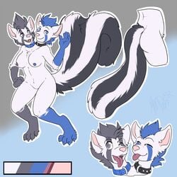 2_heads anthro arcturus big_breasts blue_eyes blue_hair breasts collar conjoined fauxhawk female hair invalid_tag mammal mander model_sheet multi_head nipples one_eye_closed red_panda sassy skanderp skunk skunk_tail striped_tail stripes tonguepoke wink