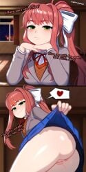 1girls ai_generated ass doki_doki_literature_club english_text female female_only fluffylewdsai jealous light-skinned_female light_skin monika_(doki_doki_literature_club) pussy seductive skirt skirt_lift solo text thighs