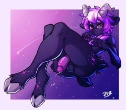 anthro black_body black_fur bodily_fluids bovid caprine cloven_hooves crossed_legs erection femboy fur genital_fluids genitals glans goat hair hooves horn humanoid_genitalia humanoid_penis jay-r looking_at_viewer male mammal penis precum purple_eyes purple_hair purple_penis shooting_star solo sparkles sparkling_hair