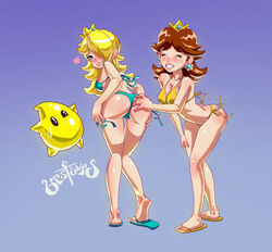 1other 2girls ass barefoot bikini blue_background blue_bikini bones-of-buried butt_grab female female_focus full_body long_hair looking_at_another looking_back luma mario_(series) multiple_girls nintendo princess_daisy princess_rosalina simple_background standing swimsuit yellow_bikini