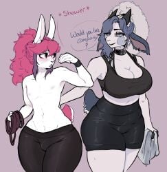 úna_(fairyincorner) 1female 1male anthro bare_chest bare_midriff bunny clother fairyincorner gym gym_clothes no_shirt pink_eyes pink_hair sheep shorts sign_language sports_bra toxy walking white_body white_hair white_skin