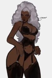 1girl black_lingerie character_name dark-skinned_female dark_skin female female_focus female_only garter_belt lingerie long_hair marvel peterchai58 solo solo_female solo_focus storm_(x-men) thick_thighs thighhighs underwear white_hair x-men