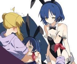 2d blonde_female blonde_hair blue_hair blush bocchi_the_rock! bunnysuit cunnilingus emotionless hoodie ijichi_nijika money oral oral_sex pants_down ryothepapu yamada_ryou yellow_hair yuri