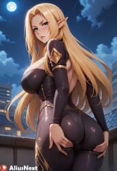 1girls ai_generated aliusnext alpha_(the_eminence_in_shadow) ass ass_focus ass_grab ass_up biting_lip blonde_female blonde_hair blue_eyes bodysuit breasts elf elf_ears elf_female elf_girl female high_quality high_resolution highres huge_breasts night patreon pointy_ears spread_ass the_eminence_in_shadow