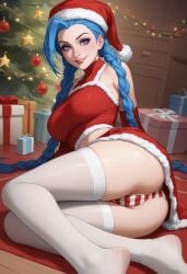 1girls ai_generated arcane ass blue_eyes blue_hair breasts cameltoe christmas_clothing christmas_headwear christmas_outfit clothed detailed_background inviting jinx_(league_of_legends) league_of_legends legs legs_together legwear long_hair looking_at_viewer medium_breasts non_nude pale-skinned_female pale_skin panties pantyhose pussy red_clothing seductive_look seductive_smile sitting skydeal smiling smiling_at_viewer stockings thighs underwear