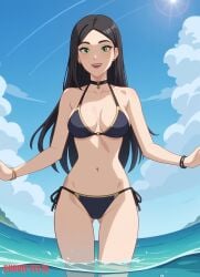 ai_generated beach black_hair bubbleteexl claudia_(the_dragon_prince) female green_eyes netflix no_nude smile swimsuit the_dragon_prince