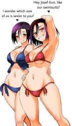 2girls aoi_kodera armpits bangs big_breasts bikini black_hair blue_bikini brown_eyes color english josef_fritzl licking_lips medium_breasts pov red_bikini sakurako_itachi sharp_teeth short_hair swimsuit yankee_jk_kuzuhana_chan