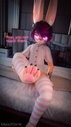 2025 3d 4_toes anthro band-aid band-aid_on_face bandage bandage_on_face bed black_hair blush bottomless claws clothed clothing dialogue digital_media_(artwork) english_text evening feet femboy foot_focus footprint fur furniture hair highlights_(coloring) hindpaw hitachi_magic_wand hotel inside lagomorph legwear leporid male mammal markings maxkore nervous orange_body orange_fur pattern_clothing pattern_legwear pattern_thigh_highs pawprint pawprint_(marking) paws penetrable_sex_toy pillow pink_clothing rabbit riley_(maxkore) sex_toy shirt shy signature sitting sleepwear solo striped_clothing striped_legwear striped_thigh_highs stripes tattoo tenga text thigh_highs toes topwear vibrator wand_vibrator