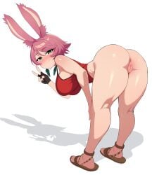 bent_over bottomless final_fantasy_xiv green_eyes maidcousin peace_sign purple_hair spread_legs viera