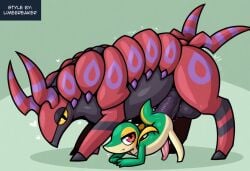 ai_generated ambiguous_gender arthropod big_penis blush bodily_fluids duo female feral generation_5_pokemon genitals hellsonger hi_res male multi_leg myriapod nintendo penis pokemon pokemon_(species) saliva scolipede simple_background snivy sweat