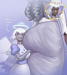 2girls absurdres angel angel_wings ass bergoq blue_eyes blue_sclera colored_sclera colored_skin dark-skinned_female dark_skin dress emily_(hazbin_hotel) girlfriend_booty_(meme) grey_hair grey_sclera grey_skin hazbin_hotel highres huge_ass long_hair meme multiple_girls sera_(hazbin_hotel) simple_background wings