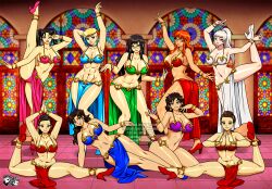 9girls abs belly_dancer belly_dancer_outfit black_hair blonde_hair blue_hair brown_hair cleavage dancer dancer_outfit dancing fit_female glasses harem harem_girl harem_outfit high_heels huge_breasts jadenkaiba large_breasts loincloth multiple_girls orange_hair original original_characters