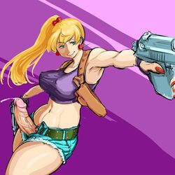 1futa bimbo black_lagoon blonde_hair blue_eyes cosplay erection eva_(neone-x) futa_only futanari gun holster intersex jean_shorts large_penis lipstick neone-x penis ponytail revy revy_(cosplay) solo uncensored weapon