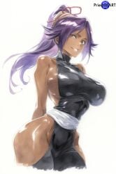 1girls ai_generated big_breasts bleach brown_skin color female female_focus female_only fit fit_female large_breasts ponytail priestofart purple_hair shihouin_yoruichi side_view sideboob smile solo solo_female solo_focus tagme tagme_(artist) tagme_(character) thick_thighs thin_waist wide_hips yellow_eyes