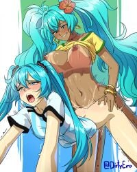 2girls all_fours argentinian_miku bikini_tan blue_eyes blue_hair blue_skirt blush bottomless bracelet brazilian_miku breasts clothed_sex clothes_lift dark-skinned_female dark_skin dirty_ero doggy_style earrings flower futa_with_female futanari grin hair_between_eyes hair_flower hair_ornament hatsune_miku highres jewelry large_breasts long_hair multiple_girls navel nipples open_mouth selfcest sex shirt shirt_lift short_sleeves skirt smile striped_clothes striped_shirt tan tanlines twintails vocaloid white_shirt yellow_shirt