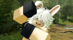 1boy 3d black_gloves blush bunny_ears bushes commission crimstuff day eyewear fingerless_gloves gloves male male_only nude nude_male open_mouth outdoor_nudity outdoors pale-skinned_male pale_skin pose roblox roblox_avatar robloxian short_hair smile solo trees white_hair