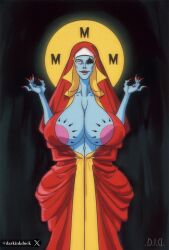 1girls asian_female big_areola blacked_waifu_stories blue_skin darkinkduck eye_patch huge_breasts icon milf mistress_triple_m_(darkinkduck) original_character queen_of_spades queen_of_spades_symbol red_lipstick retro_anime_style smile spade_eye_patch sperm_tattoo vampire_girl witch