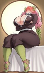 ai_generated aree_burn bare_thighs blush braided_hair cleavage demon_slayer gigantic_breasts huge_breasts huge_thighs implied_orgasm kanroji_mitsuri kimetsu_no_yaiba light-skinned_female light_skin low-angle_view massive_breasts multicolored_hair pink_hair shounen_jump solo_female squatting sweat sweatdrop thick_body thick_female thick_thighs thighs voluptuous voluptuous_female