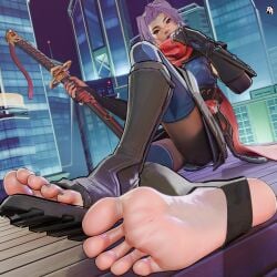 feet foot_fetish foot_focus katana looking_at_viewer marvel marvel_rivals psylocke ryona-ashi soles solo solo_female solo_focus stirrup_legwear toes