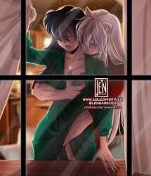 aquarina hand_on_breast hand_under_skirt husband_and_wife inuyasha inuyasha_(character) kagome_higurashi open_dress open_window straight window