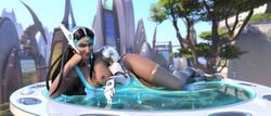 3d absurdres areolae black_hair breasts dark-skinned_female dark_skin ellowas female female_only highres indian long_hair looking_at_viewer nipples numbani_(map) on_side overwatch solo symmetra