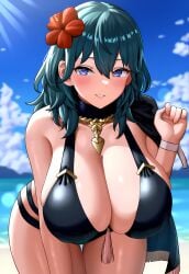 1girls 4k ai_generated beach big_breasts bikini blue_eyes blue_hair byleth_(fire_emblem) byleth_(fire_emblem)_(female) byleth_(summer)_(fire_emblem)_(female) cape female female_only fire_emblem fire_emblem:_three_houses fire_emblem_heroes flower flower_in_hair hair_flower high_resolution highres huge_breasts large_breasts medium_hair nintendo novelai seductive_eyes seductive_smile shiny_hair shiny_skin smile tassel vermadis2x voluptuous voluptuous_female