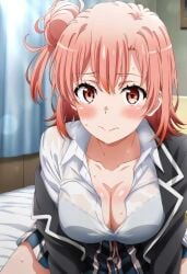 1girls ai_generated breasts drying_clothes my_teen_romantic_comedy_snafu school_uniform shy sitting solo yuigahama_yui