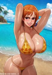 1girls ai_generated amiral_ai ass beach big_breasts bikini blush breasts female female female_only hands_behind_head light-skinned_female makeup nami nami_(one_piece) one_piece red_hair shiny_skin small_waist smile smiling sole_female solo_female sweat tattoo thighs