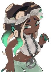 bandana beauty_mark black_hair dark-skinned_female green_eyes green_highlights headphones marina_(octo_expansion) marina_(splatoon) necklace octoling orlycuster pie_orly splatoon splatoon_(series) splatoon_2 splatoon_2:_octo_expansion sweat wristwatch