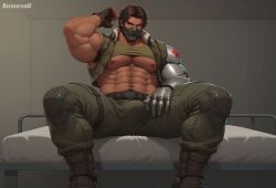 1boy abs ai_generated bara baraverse bulge gay hairy_armpits hairy_chest hairy_male lust lustful_gaze male male_focus male_only marvel marvel_rivals mask mature_male military_uniform muscular nipples pubes solo solo_male tank_top winter_soldier winter_soldier_(marvel_rivals)