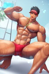 1boy abs absurd_res anus beauty_mark beefy biceps big_anus big_areola big_breasts big_bulge big_eyes black_hair blue_eyes blush blushing_profusely breasts breasts_bigger_than_head broad_shoulders bulge bulge_through_clothing cap collarbone crouching eight_pack embarrassed exposed_ass frown gay hand_on_floor hi_res huge_breasts hunk lifeguard lifeguard_swimsuit lifeguard_tower looking_at_viewer male male_breasts male_only manly mature_male meisho_hanten mole mole_on_breast mole_on_chin mole_on_stomach mole_on_thigh mole_under_eye morning muscles muscular muscular_arms muscular_legs muscular_male muscular_thighs navel oppai original original_character outdoors palm_tree pecs practically_nude pubic_hair quadriceps short_hair six_pack sky slim_waist solo speedo spiky_hair squatting sunlight swimming_pool swimsuit tan tan_body tanline thick_neck thong topless torn_clothes tough_guy triceps uncensored veiny_arms veiny_breasts veiny_legs very_high_resolution wet wet_body whistle whistle_around_neck yaoi