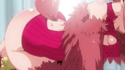 2024 20s animated ass backless_sweater bird_girl bird_legs bird_wings blonde_hair breasts cowgirl_position feathered_wings feathers green_eyes hairdressing harpy huge_ass indoors interior kemonokko_tsuushin_~toriko_rupia~ large_breasts monster_girl pointy_ears red_hair rupia_(kemonokko_tsuushin) sound tagme video wings