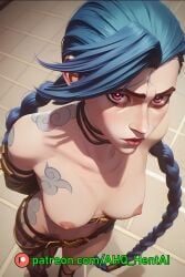 ahq_hentai ai_generated arcane arcane_jinx beach blue_hair blush breasts chocker exposed_breasts jinx_(league_of_legends) league_of_legends nipples nsfw pink_eyes shy stable_diffusion standing top_view