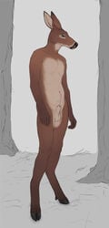 2017 animal_genitalia anthro balls brown_fur cervine deer difetra fur green_eyes hooves male male_only mammal navel nude outside sheath solo tree