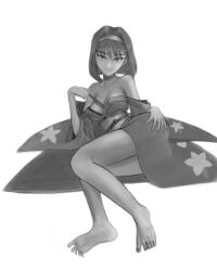 1girls ass barefoot between_breasts big_breasts breasts busty cleavage clothes_down clothes_pull come_hither feet female female_only hairband hand_fan highres japanese_clothes kanzaki_sumire large_breasts legs looking_at_viewer lying mole monochrome on_side sakura_wars seductive_look seductive_smile sega sensual short_hair smile solo thighs