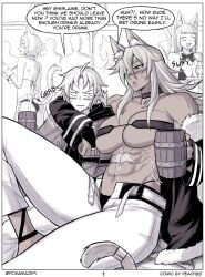 abs alcohol animal_ears bar bikini_top cat_ears cat_tail drunk eyepatch ghislaine_dedoldia grey_hair muscles muscular muscular_female mushoku_tensei obliques one-eyed pcmaniac88 red_choker rudeus_greyrat scar scar_on_face scar_on_stomach