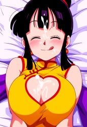 after_fellatio ai_assisted ai_generated bed breasts_squeezed_together chichi chichi_(majin_buu_saga) closed_eyes cum_on_breasts cum_on_face cummed_on dragon_ball dragon_ball_z happy licking_lips self_upload selvokaz