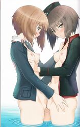 2girls absurdres ass blush bottomless breasts brown_eyes brown_hair girls_und_panzer groin hat highres hug incest military military_uniform multiple_girls navel nipples nishizumi_maho nishizumi_miho pussy_juice short_hair siblings sister sisters small_breasts taka_tony uniform water yuri