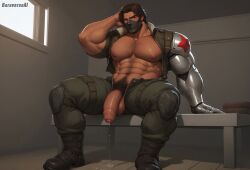 1boy abs ai_generated bara baraverse bulge erection gay genital_fluids hairy_armpits hairy_chest hairy_male lust lustful_gaze male male_focus male_only marvel marvel_rivals mask mature_male military_uniform muscular nipples penis precum pubes solo solo_male tank_top winter_soldier winter_soldier_(marvel_rivals)