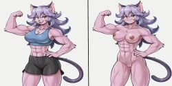 abs ai_generated animal_ear_fluff animal_ears biceps breasts cat_ears cat_girl cat_tail cleavage female flexing furry hand_on_hip large_breasts light_purple_hair long_hair looking_at_viewer muscle muscular_female opera_kranz oswald_pohyl purple_hair solatorobo tail thick_thighs