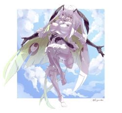 antennae antennae_(anatomy) breasts breasts_out chitin egocider green_eyes insect_girl juniper_(egocider) juniper_actias moth_girl topless virtual_youtuber white_hair